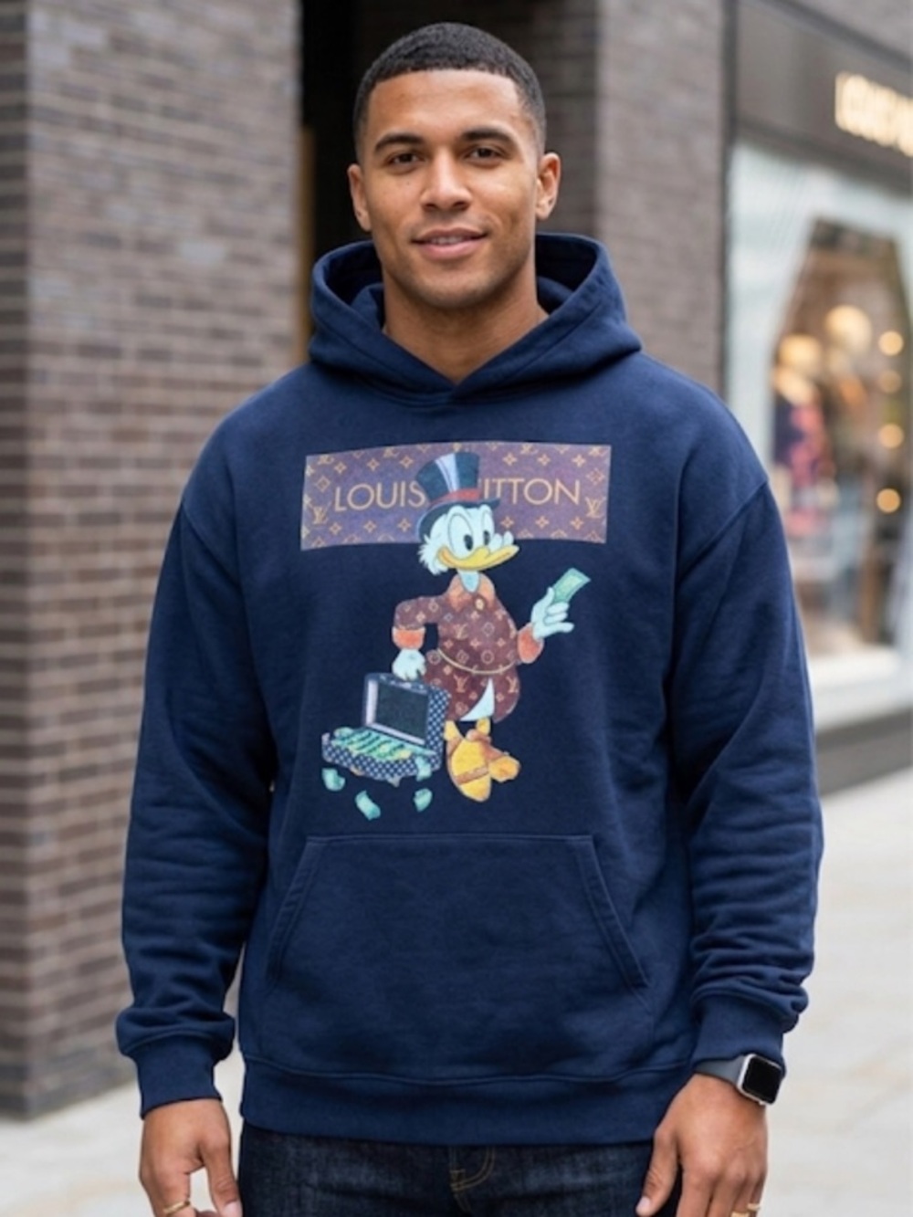 Vintage Vibe Scrooge McDuck "LV" Parody Hoodie - Navy Blue Large